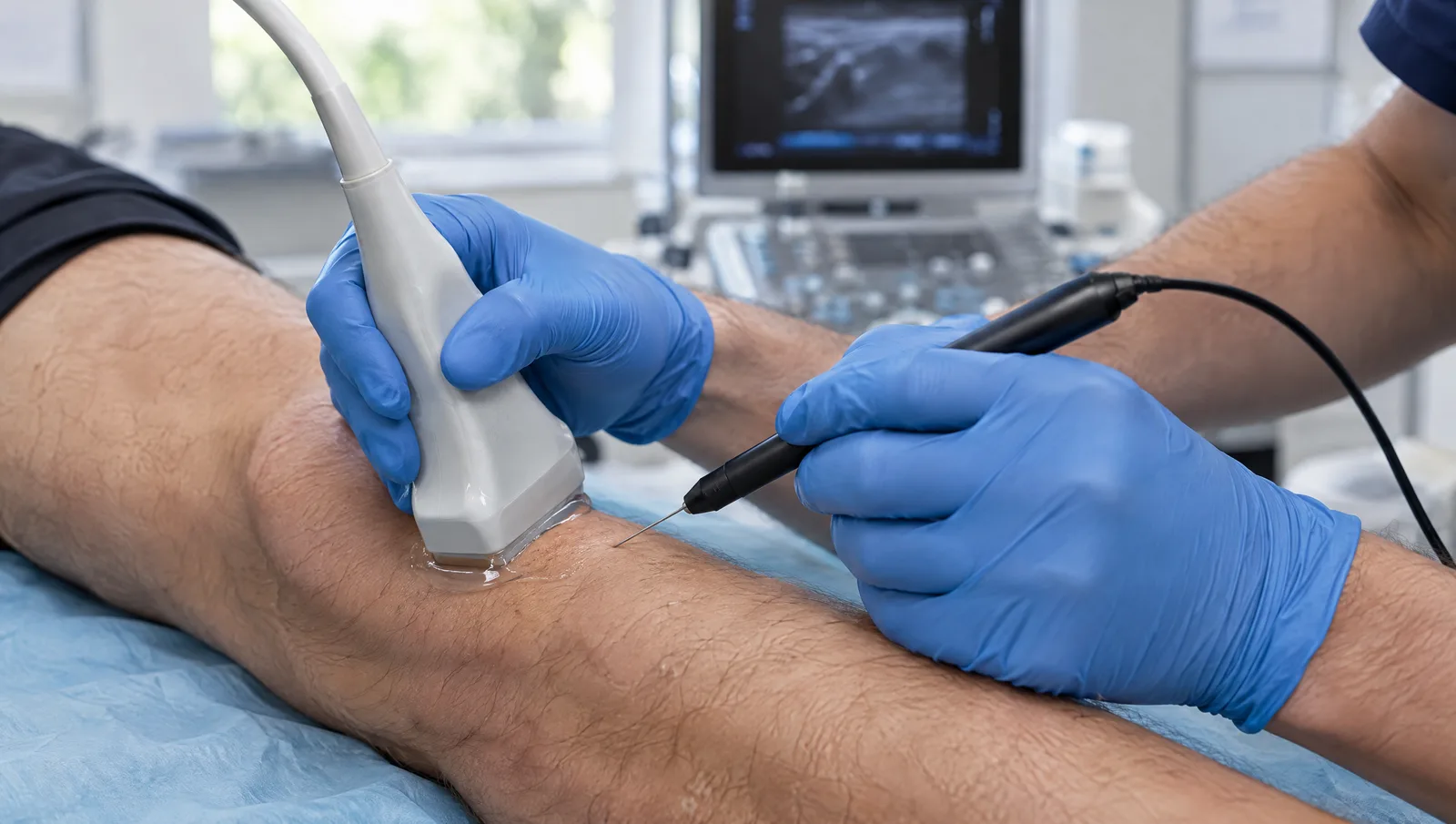 Electrólisis percutánea en la rodilla: la aguja entra junto al transductor del ecógrafo